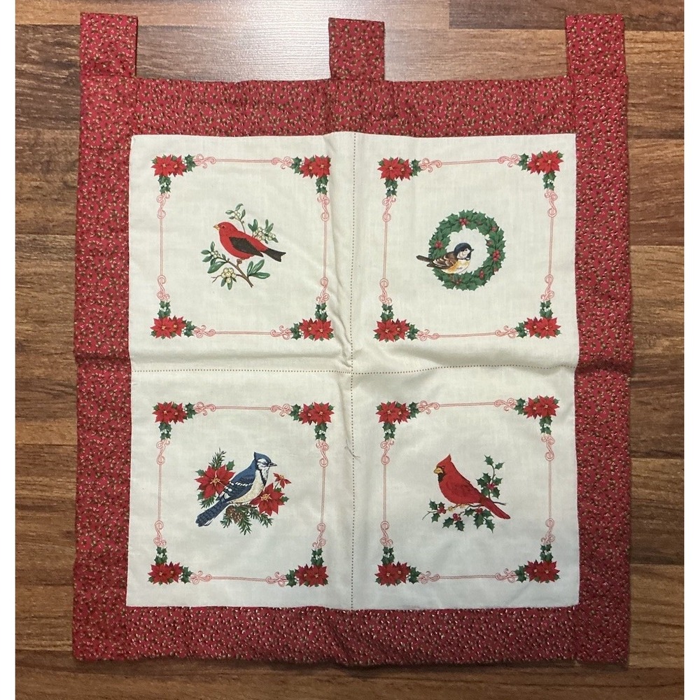 Handmade Christmas Quilted Wall Hanging WINTER BIRDS Panel Red Calico Border